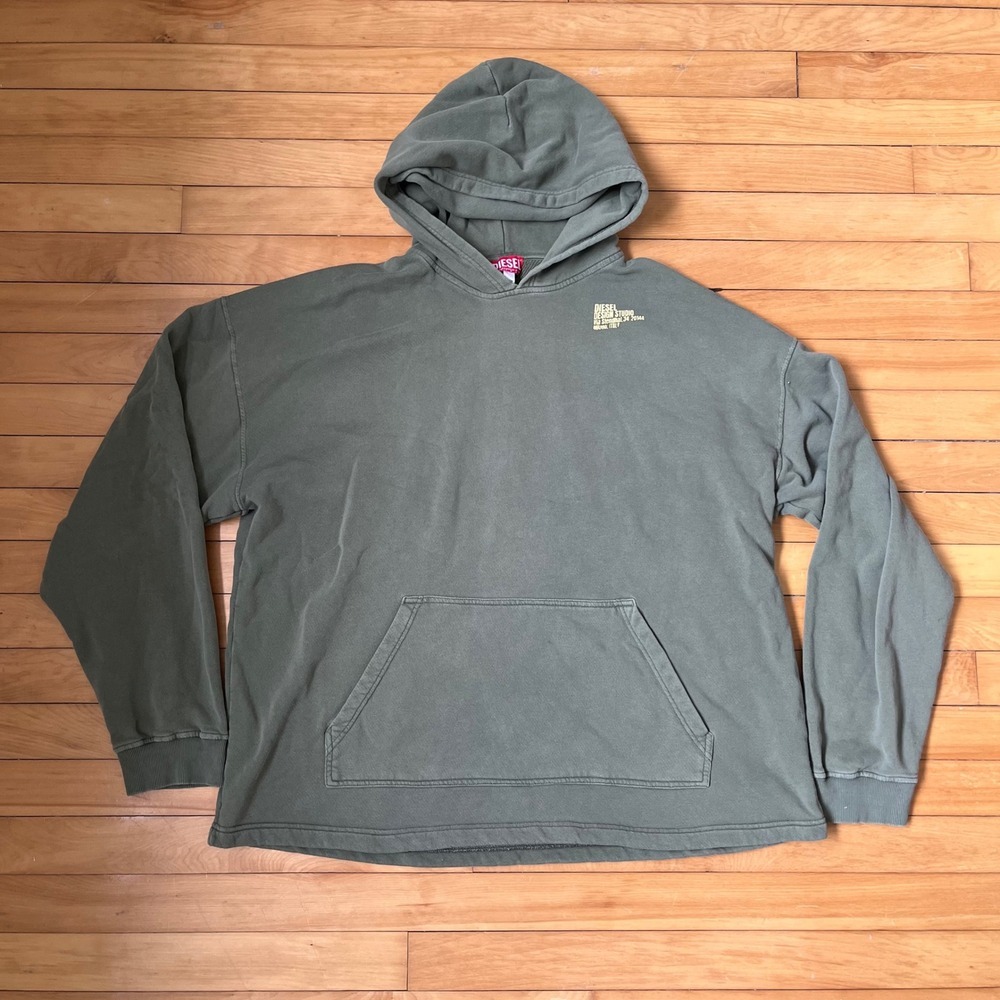 Diesel Design Studio Hoodie Olive Green Faded Graphic Pullover Mens Large Boxy
